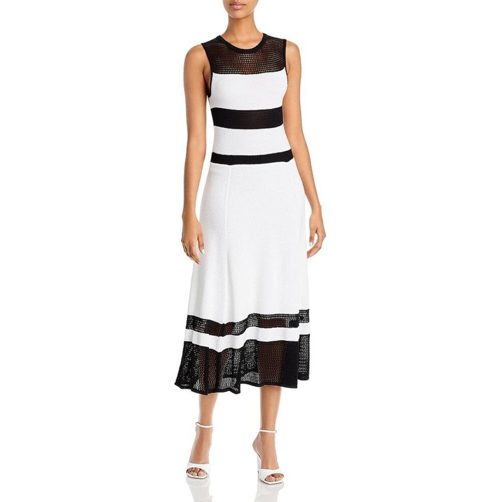 Boss FEMAYA Striped Mesh Fishnet Knit Sleeveless Fit & Flare Stripped Midi Dress